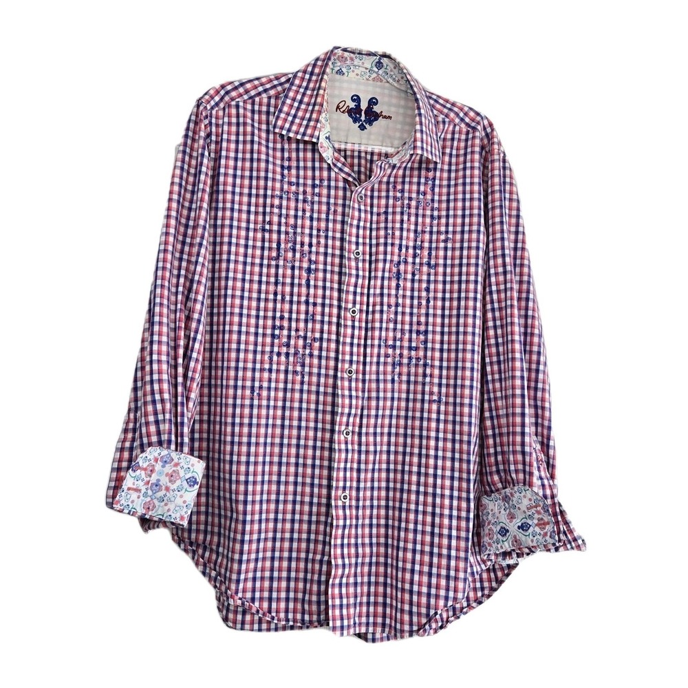 Robert Graham Mens Plaid Long Sleeve Shirt Size L Button Down Contrast Cuffs